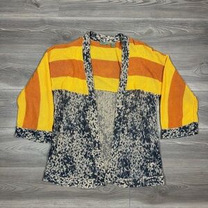 Maple Linen Blend Cardigan L Mixed Print Yellow Orange Navy Floral Stripe Knit